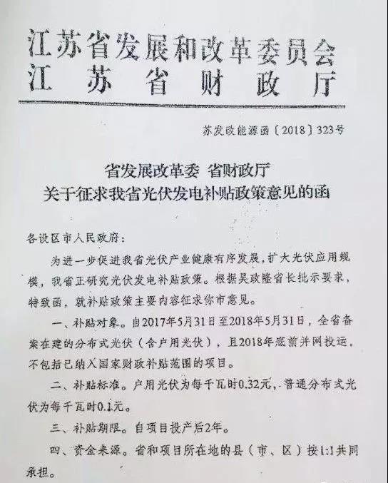 江苏出新政!户用光伏0.32元,普通分布式0.1元!(图1) 江苏出新政!户用光伏0.32元,普通分布式0.1元!(图1)